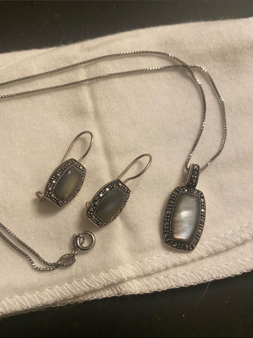 Vintage Sterling Marcasite Pearl Shell Necklace Earring Set on  18” Box Chain